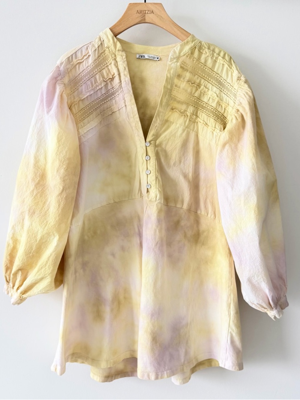 Zara Tie Dye Cotton Romper Boho Puff Sleeve Button Front Size S - Picture 2 of 12